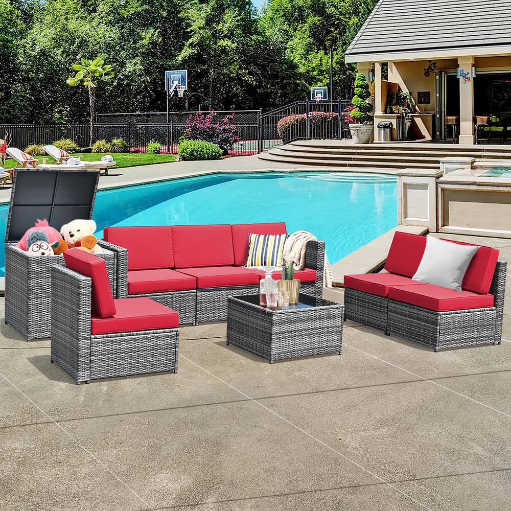 8-Piece Red Cushioned Wicker Rattan Patio Sofa Set with Storage Table