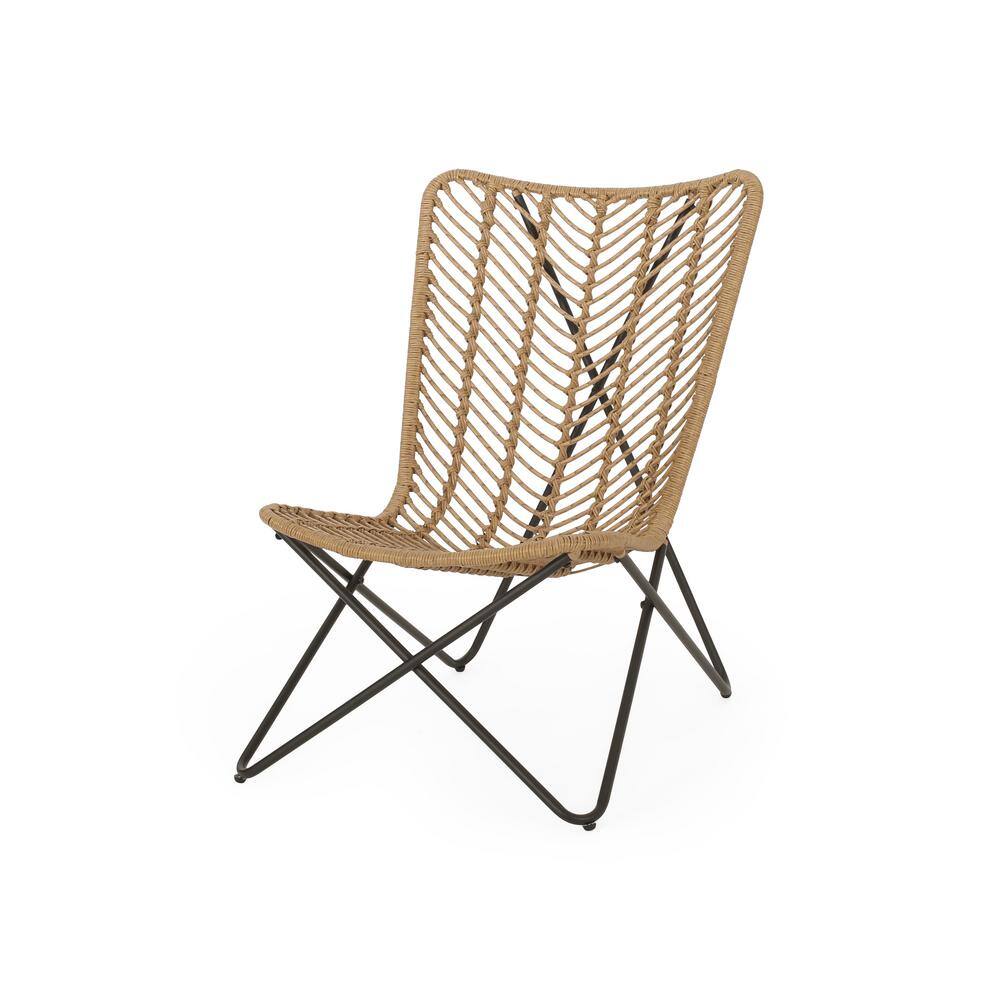Light Brown and Black Wicker Bohemian Armchair Set with Iron Legs