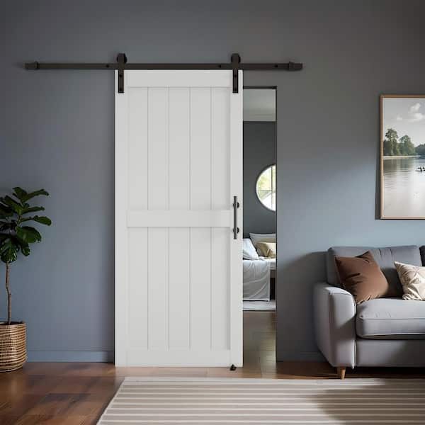 42 in. x 96 in. Paneled H Shape Mid-Bar White Finished MDF Assembly Required Sliding Barn Door with Hardware Kit