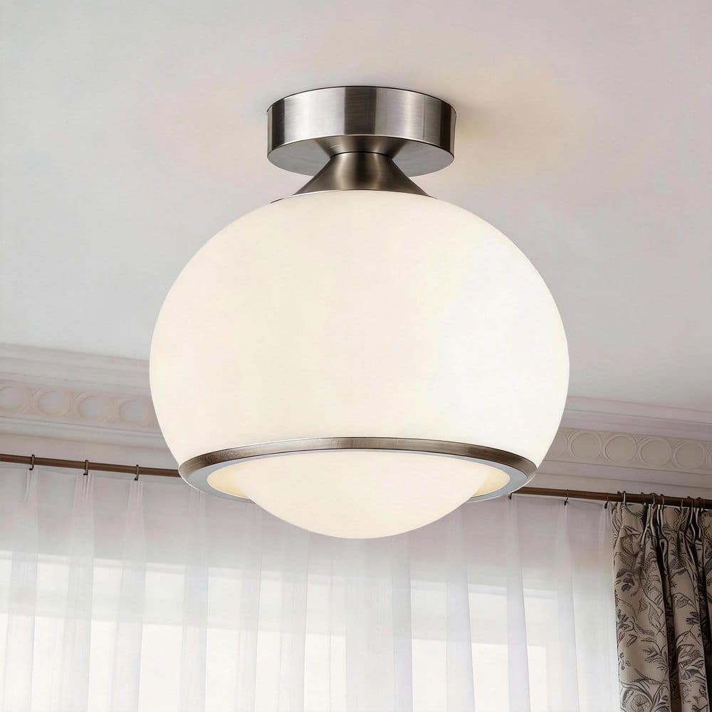 14 in. 1-Light Modern Globe Brushed Nickel Iron Integrated LED Flush Mount For Bedroom Kitchen With White Glass Shade price history on PriceWatchPro