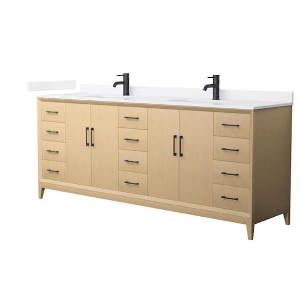 Janna 84 in. Double Freestanding White Oak Bath Vanity with White Quartz Top (Assembled)