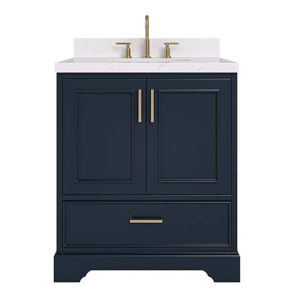 ARIEL Stafford 30 in. W x 22 in. D x 36 in. H Single Freestanding Bath Vanity in Midnight Blue with Carrara White Quartz Top