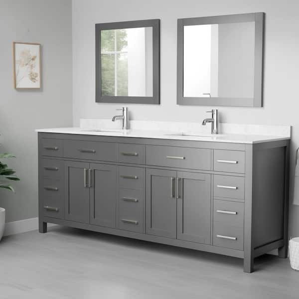 Wyndham Collection Beckett 84 in. W x 22 in. D Double Vanity in Dark Gray with Cultured Marble Vanity Top in Carrara with White Basins