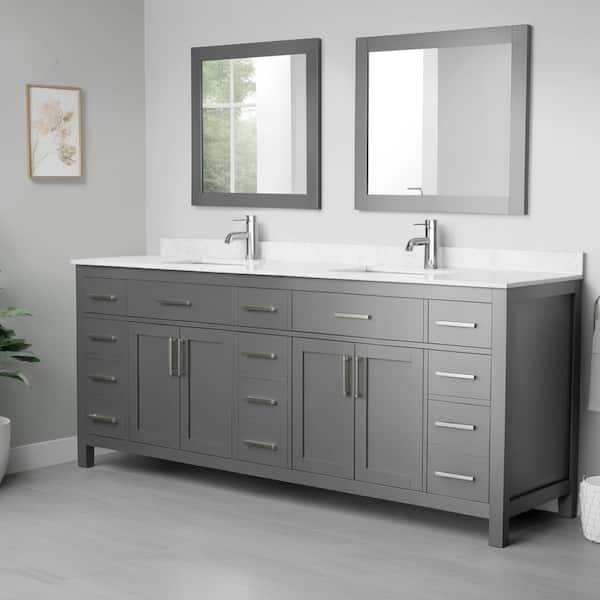 Beckett 84 in. W x 22 in. D Double Vanity in Dark Gray with Cultured Marble Vanity Top in Carrara with White Basins