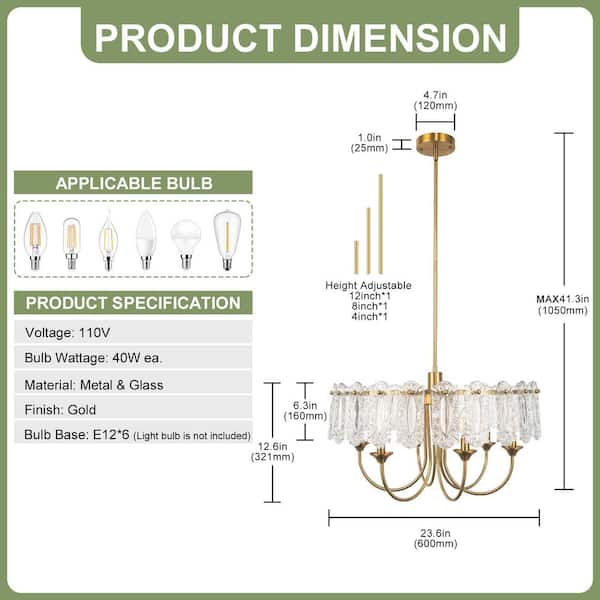 Briignite 24 in. Gold 6-Light Modern Pendant Chandelier, Semi