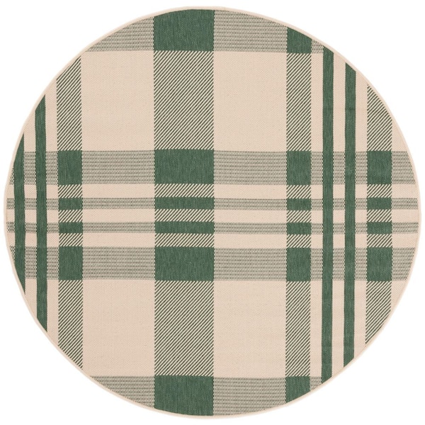 Courtyard Green/Beige 3 ft. x 3 ft. Plaid Indoor/Outdoor Round Area Rug