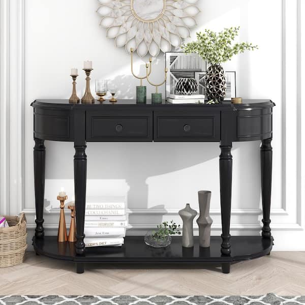Harper & Bright Designs Retro 52 in. Black Curved Wood Console Table with Open Style Shelf and 2-Top Drawers