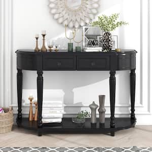 Retro 52 in. Espresso Curved Wood Console Table with Open Style Shelf and 2-Top Drawers