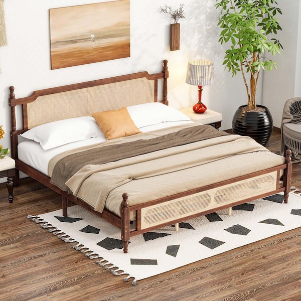 Walnut Brown Solid Wood Pine Frame King Size Bed Platform Bed with Rattan Headboard