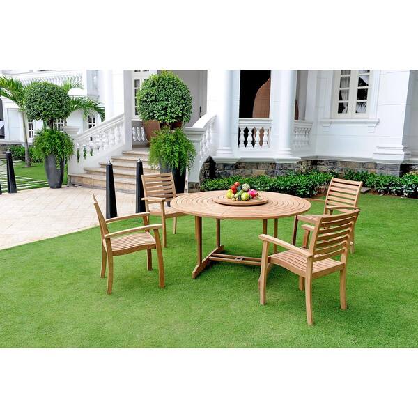 Hiteak Furniture Royal 5 Piece Teak Round Table Outdoor Dining Set With Lazy Susan Hls R The Home Depot