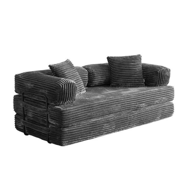 Mega 80 in. Gray Plush Corduroy King Size Convertible Sleeper Loveseat Lounge Modular Folding Sofa Bed with Pillow