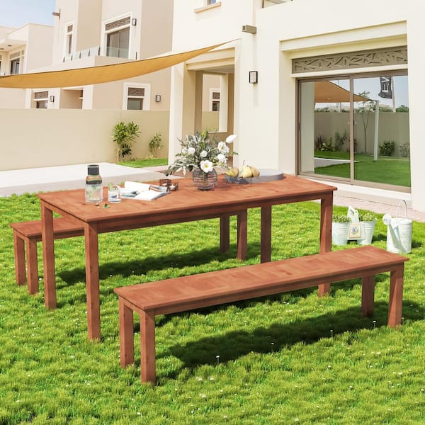 Unbranded 3-Piece Acacia Wood Outdoor Dining Set, Outdoor Dining Set, with 1-Rectangular Table and 2-Benches