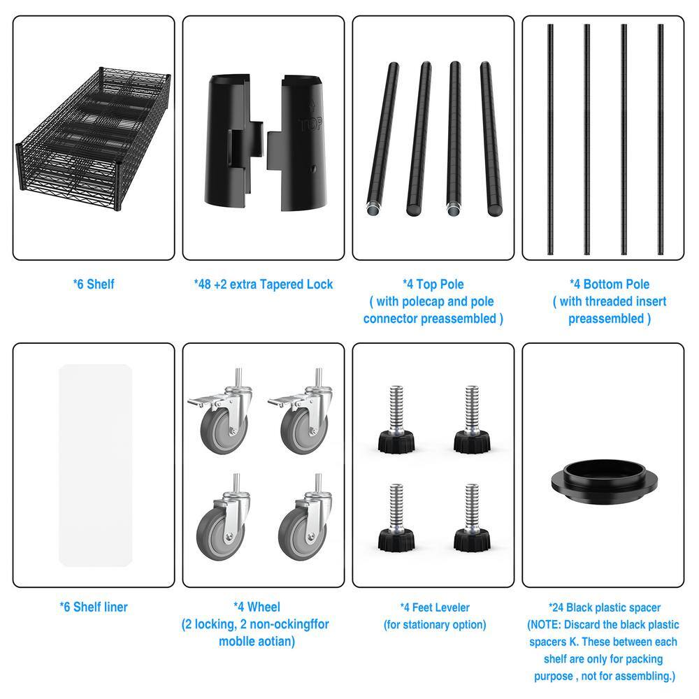 Black 6-Tier Heavy-Duty Adjustable Metal Wire Storage Rack with Wheels