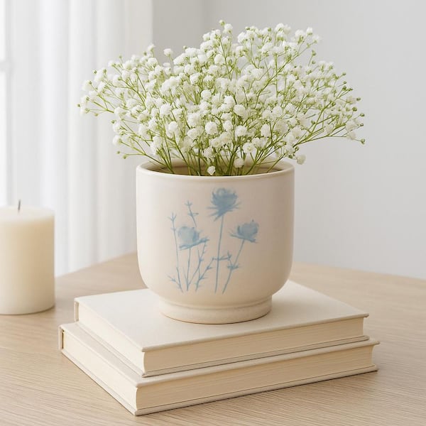 Blue Ceramic Embossed Flowers Decorative Planter (5 in. W x 5 in. H)