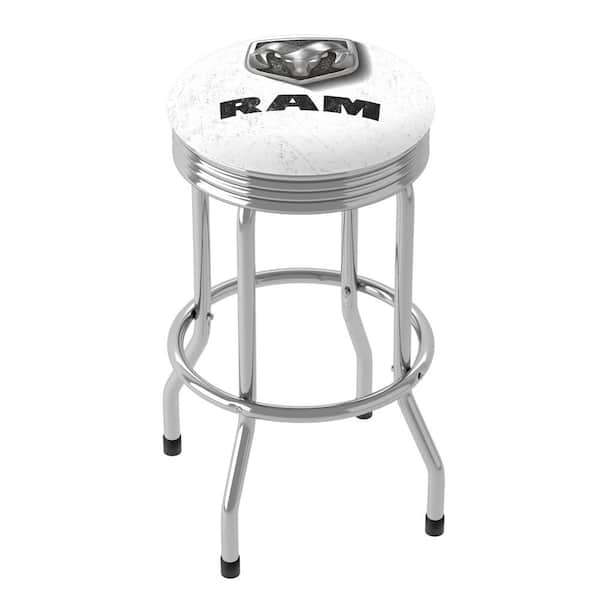RAM Logo White 360° Swivel in Chrome Rung Base with Foam Padded Seat Ribbed Bar Stool with Foam Padded Seat