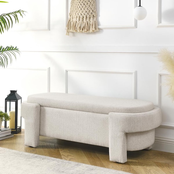 Noble House Yuna Beige Upholstered Linen Storage Ottoman Bench with Hinge