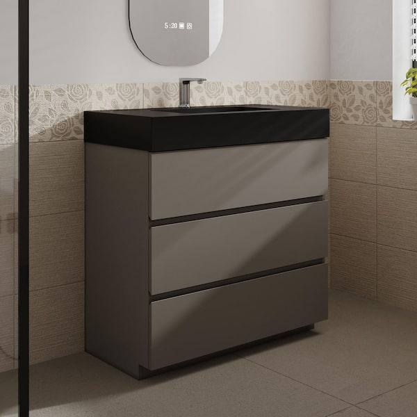 Aaby 36 in. W x 18 in. D x 37 in. H Bath Vanity Cabinet in Gray with Black Solid Surface Top and Sink