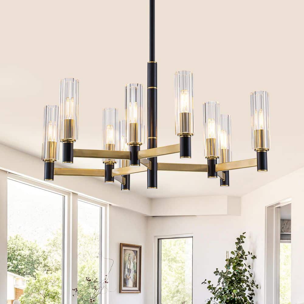 MENCOLULU 30 in. 9-Light Black and Gold Chandelier with Crystal