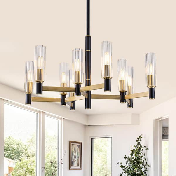 30 in. 9-Light Black and Gold Chandelier with Crystal Shades, Modern Luxury Pendant for Living and Dining Room
