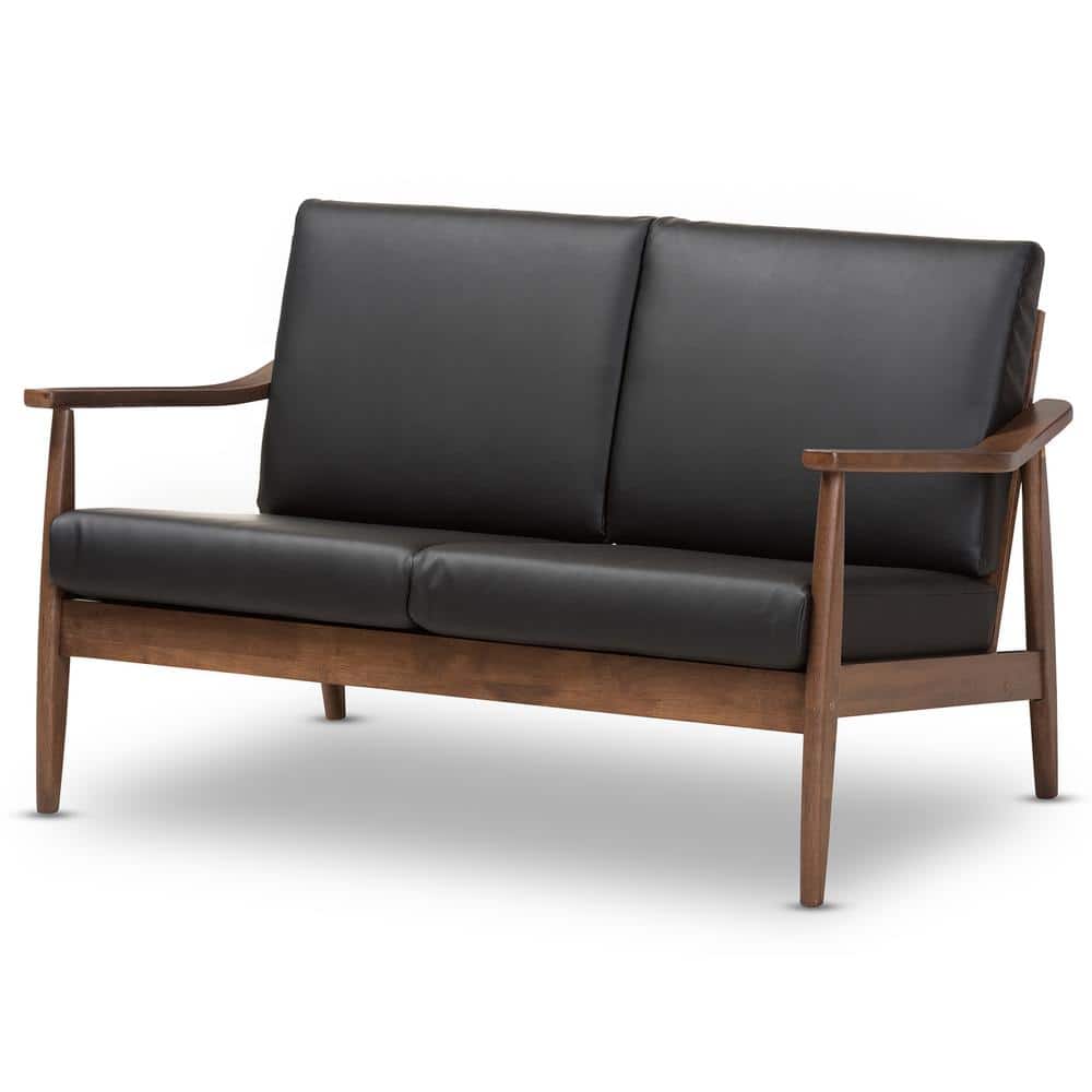 Mid-Century Modern Walnut Wood Black Faux Leather Loveseat