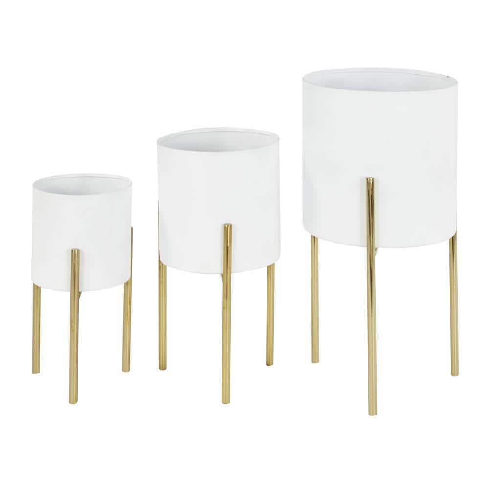 White and Gold Metal Cylinder Floor Planter Set of 3
