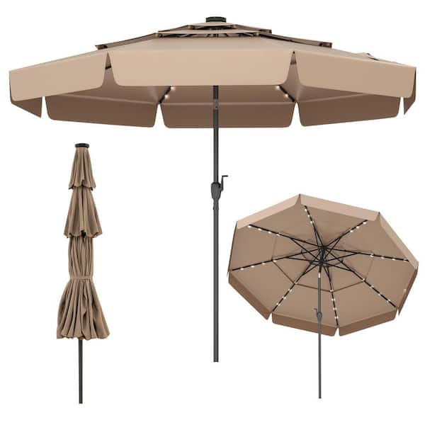 10 ft. Steel Market Solar Patio Umbrella with 3-Tier Vented Top and 32 LED Lights in Tan
