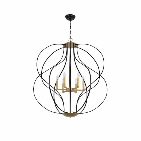 Frankfort 6-Light Black/Gold Unique Geometric Cage Chandelier Wrought Iron Accents