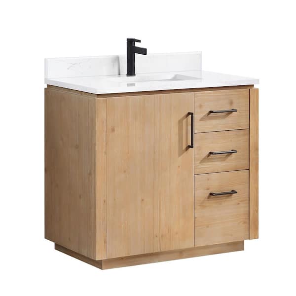 San 36 in.W x 22 in.D x 33.8 in.H Single Sink Bath Vanity in Fir Wood Brown with White Composite Stone Top