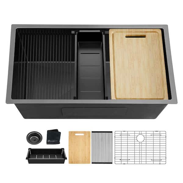 32 in. Undermount Single Bowl 18 Gauge Gunmetal Black Stainless Steel Kitchen Sink with Bottom Grids, Drain Board