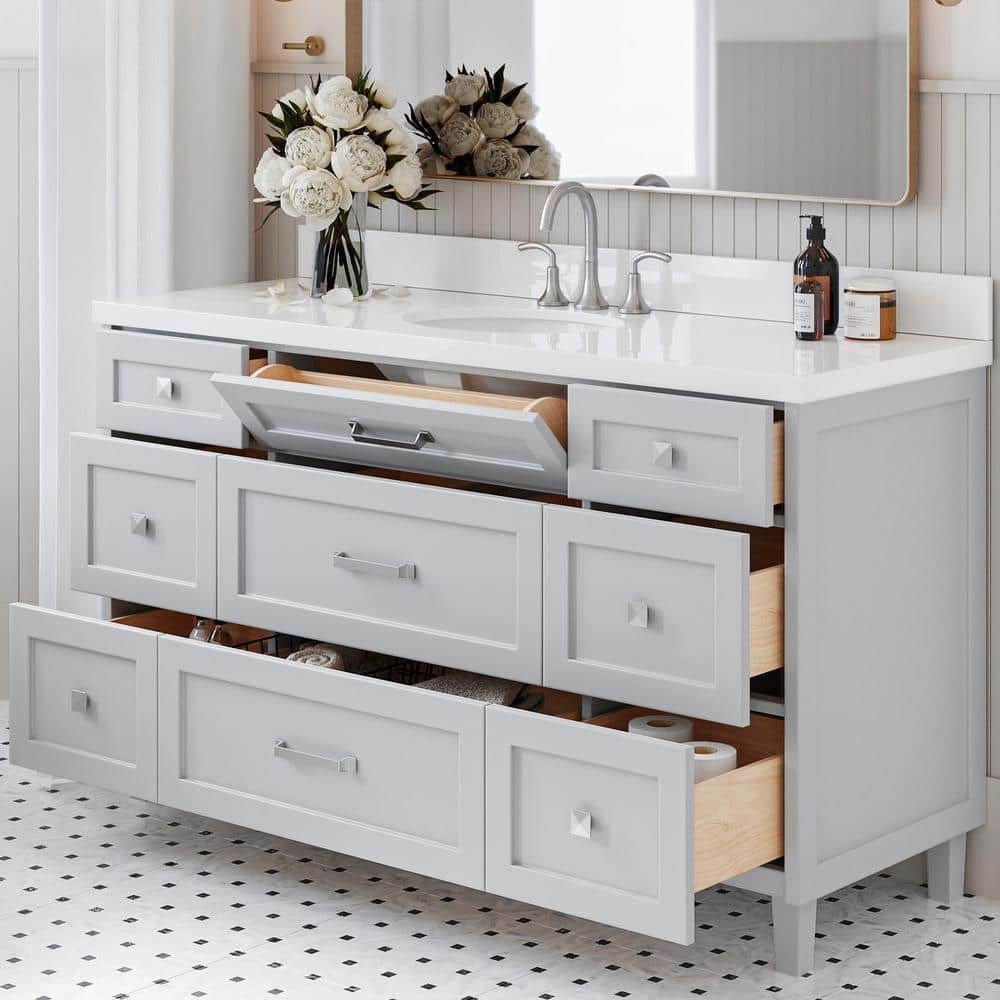 Gray Solid Wood Single Sink Bathroom Vanity with Quartz Top