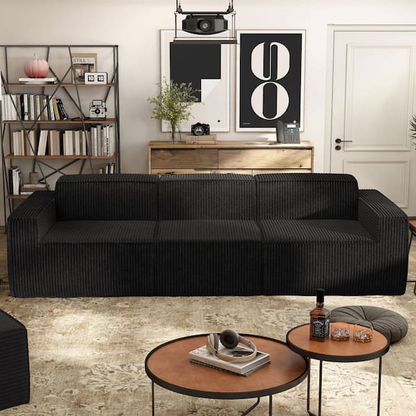 Cadena 112.5 in. Track Arm Chenille Corduroy Rectangle All Foam Modular Sofa in Black