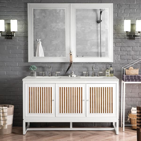 James Martin Vanities Athens 60.0 in. W x 23.5 in. D x 34.5 in. H Double Bathroom Vanity in Glossy White with Lime Delight Quartz Top