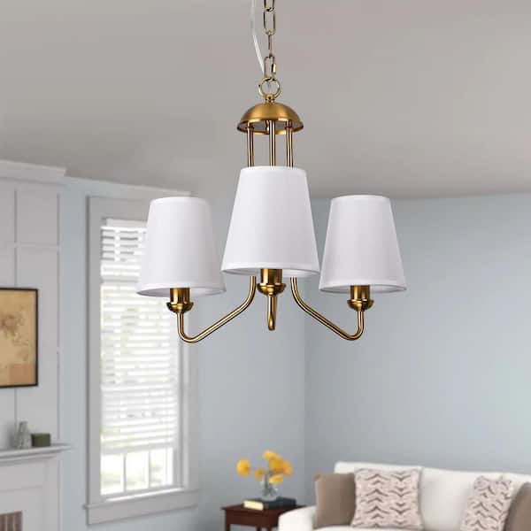 Modern 3-Light Gold Farmhouse Branch Chandelier with White Linear Fabric Shade for Kitchen Island Dining Room