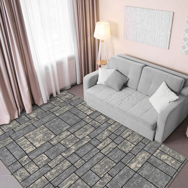 Ottohome Collection Non-Slip Rubberback Boxes Design 5x7 Indoor Area Rug, 5 ft. x 6 ft. 6 in., Gray
