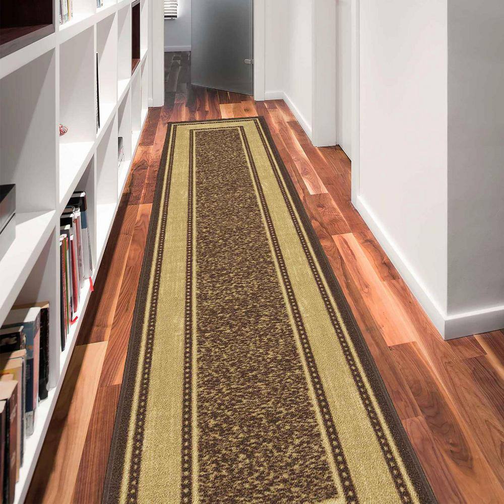 Contemporary Chocolate Brown 3x10 Synthetic Runner Rug with Non-Slip Backing