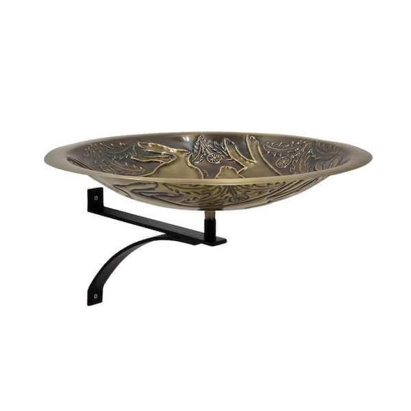 18 in. Dia Round Antique Finished Brass 3-Hares Birdbath w/Black Wrought Iron Wall Mount Bracket, Bronze