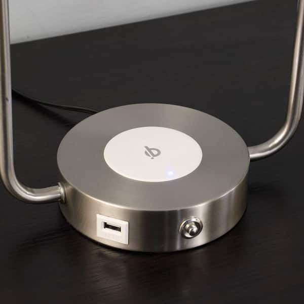 Borealis 19 in. Retro Brushed Steel Silver Table Lamp with Charging Pad and USB Port