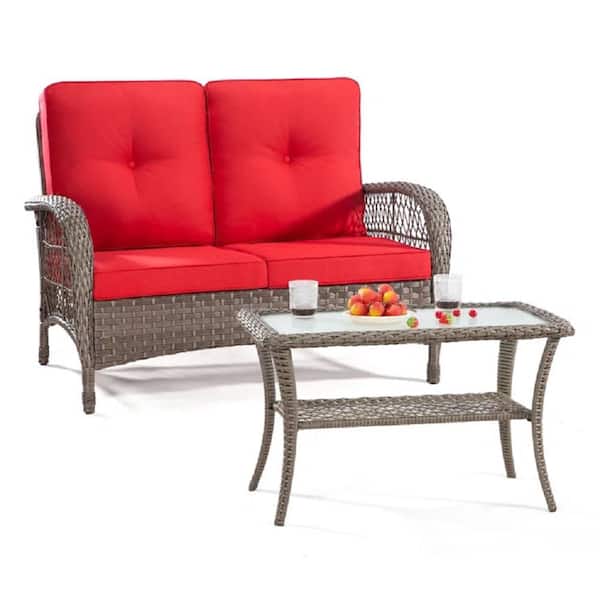 Tenleaf 2-Piece Wicker Patio Conversation Set with Red Cushions, Ergonomically Designed