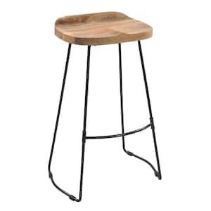 Tiva 15 in. Natural Brown and Black Backless Metal Frame Handcrafted Barstool with Wooden Seat