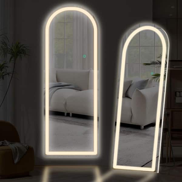 WONDER COMFORT Elegant Silver 26 in. W x 71 in. H Arched Aluminum Alloy Frame Floor Mirror with 3-Color Dimming LED Light