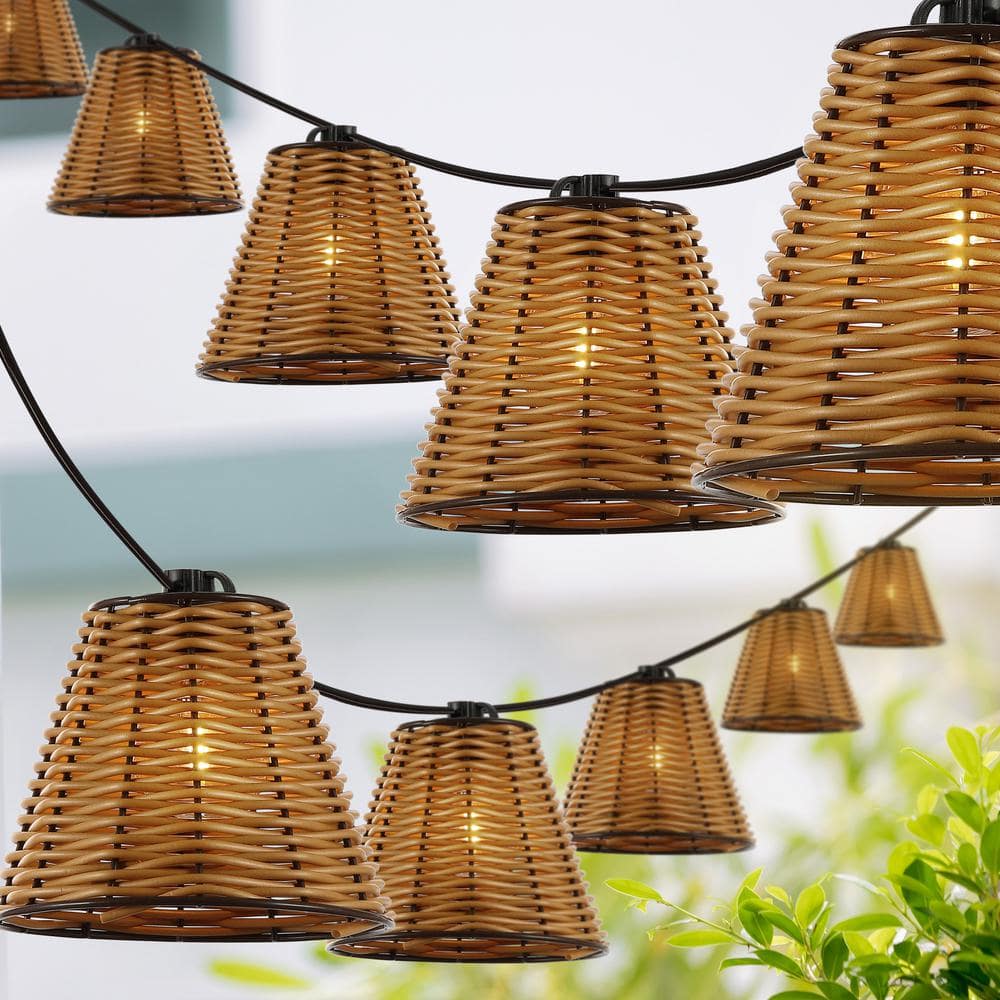 Brown Faux-Rattan Cone Shade Outdoor LED String Lights