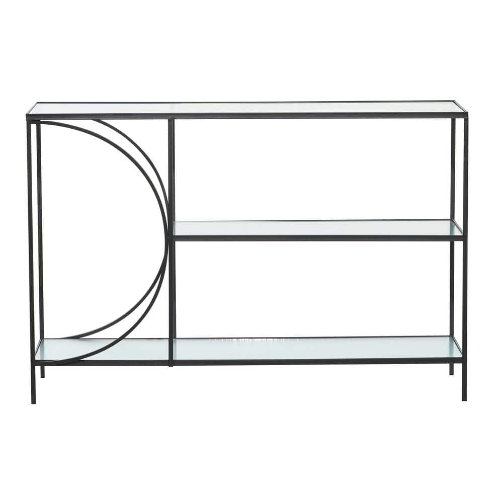 Black Metal and Glass Industrial Console Table with Storage Shelves