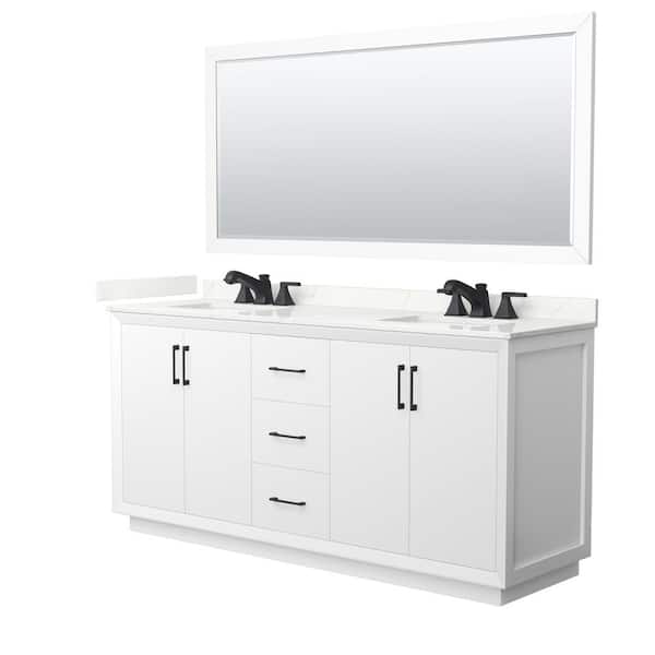 Wyndham Collection Strada 72 in. W x 22 in. D x 35 in. H Double Bath Vanity in White with Giotto Quartz Top and 70 in. Mirror