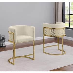 Evan 24 in. Cream Low Back Gold Metal Frame Counter Height Chairs w/Teddy Fabric Set of 2