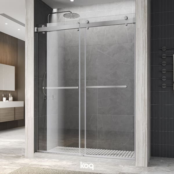 60 in. W x 72 in. H Double Sliding Frameless Shower Door in Brushed Nickel Finish with 3/8" Clear Tempered Glass