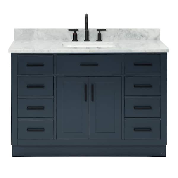 Hepburn 48 in. Single Sink Freestanding Bathroom Vanity in Midnight Blue with 0.75 in. Carrara White Marble Top