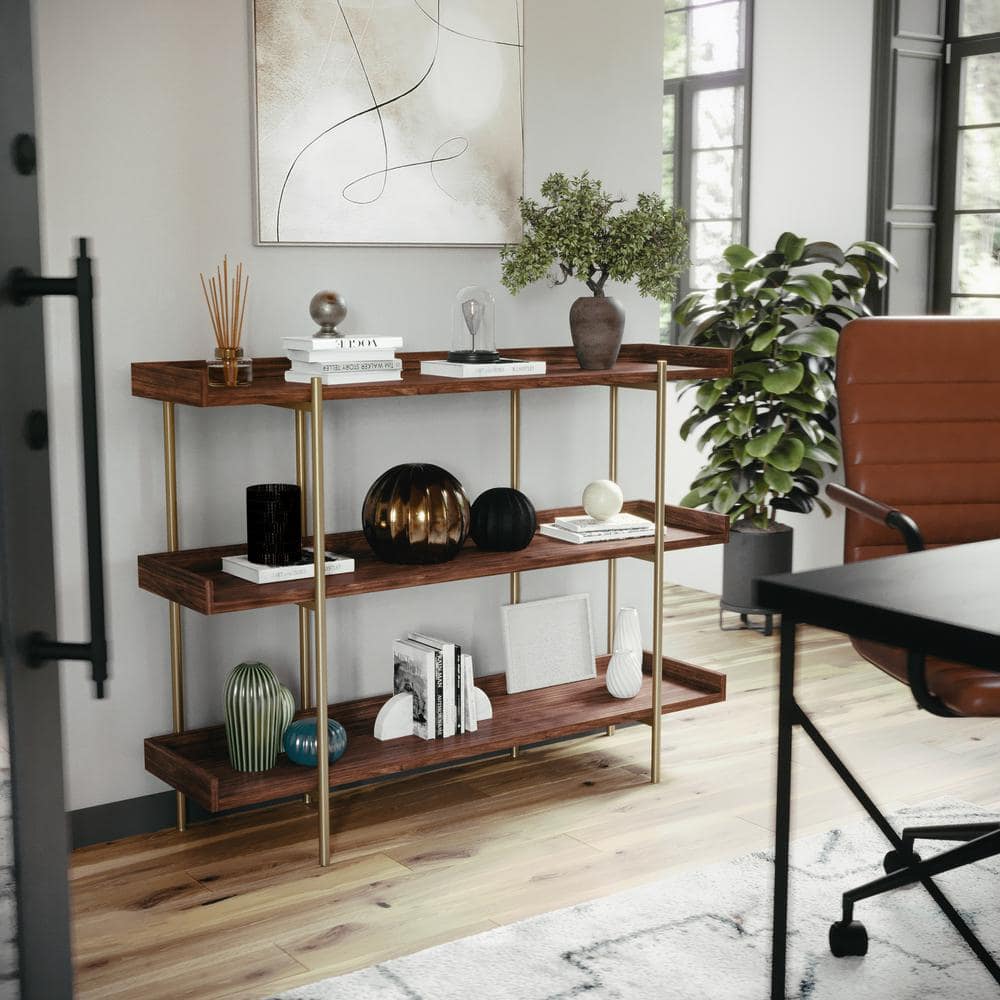 Walnut Wood Grain 3-Shelf Bookcase with Polished Brass Frame