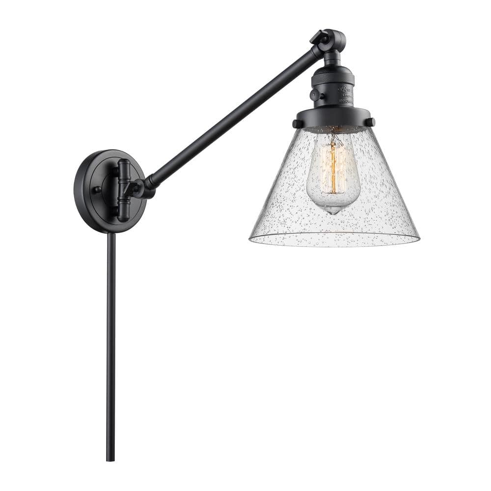 Innovations Franklin Restoration Cone 8 in. 1-Light Matte Black Wall Sconce with Seedy Glass Shade with On/Off Turn Switch -  237-BK-G44