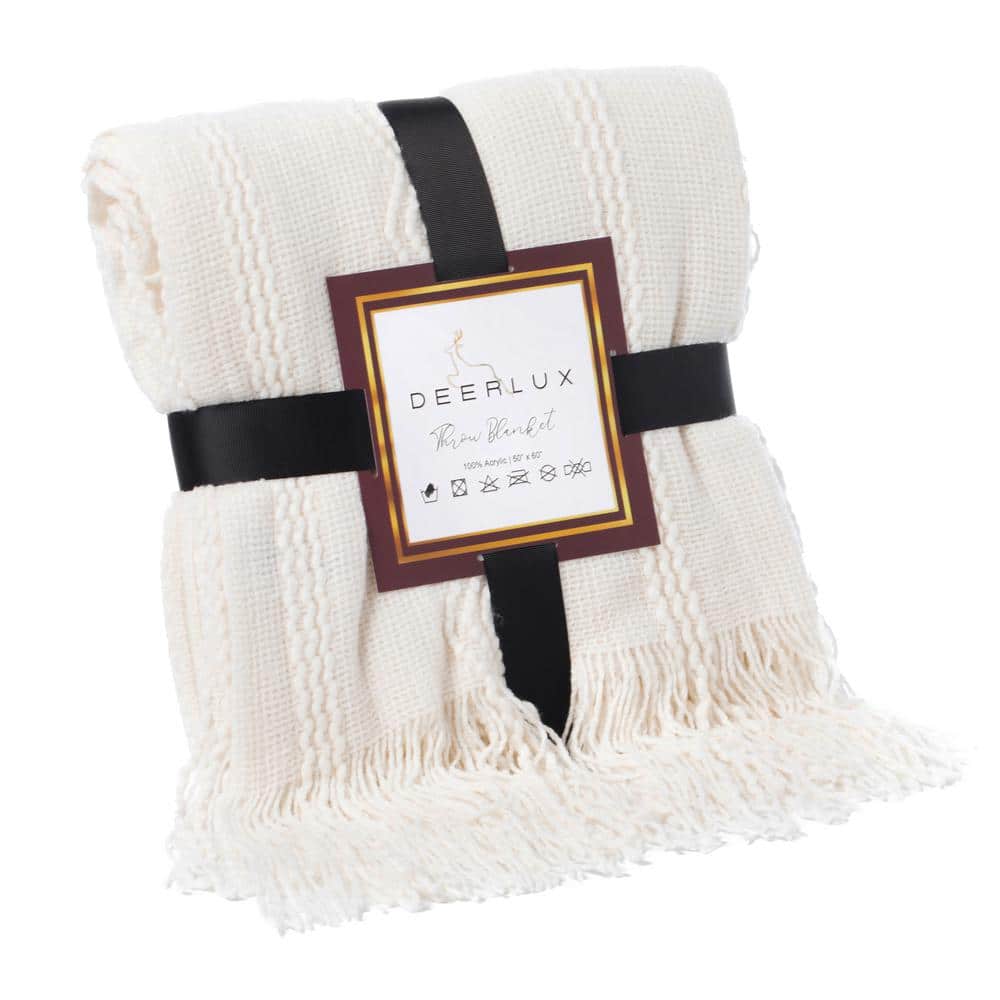 Cream Knitted Zigzag Pattern Throw Blanket with Fringe Edges