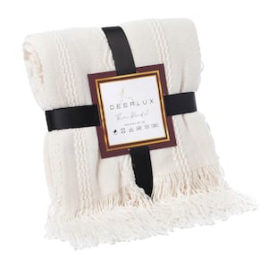 Cream Decorative Zigzag Stripe Pattern Knit Throw Blanket with Fringe